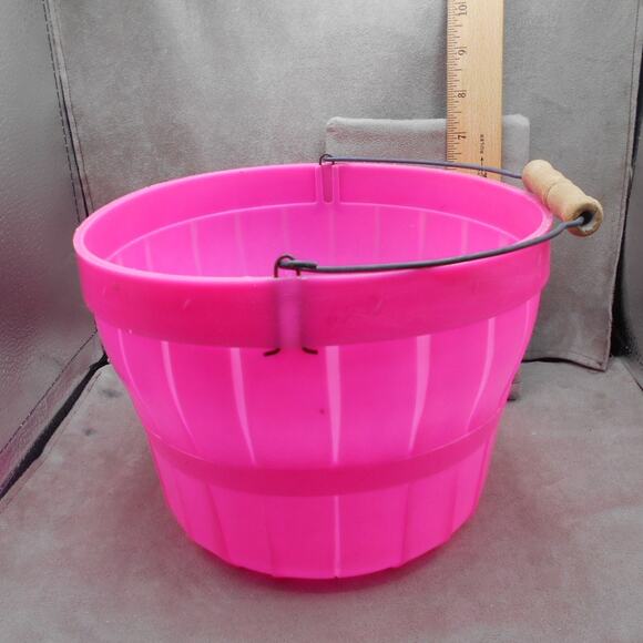 Vintage Easter Blow Mold Pink Bucket w/Wood Handle Spring Candy Basket - Picture 5 of 10